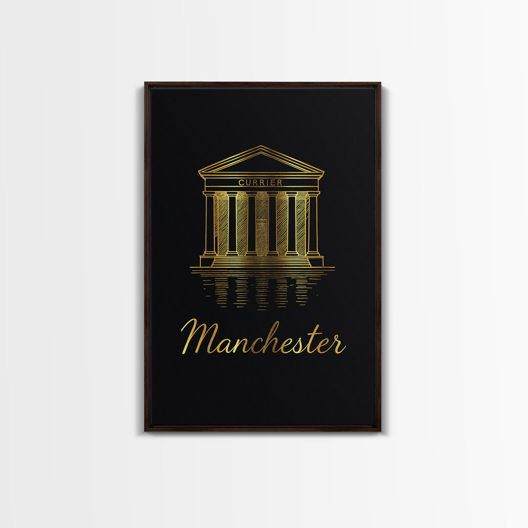 Manchester Travel Poster, Framed Canvas Print, Gold Outline Poster Art, Manchester Poster Print, Vintage City Art, Mid Century Wall Art
