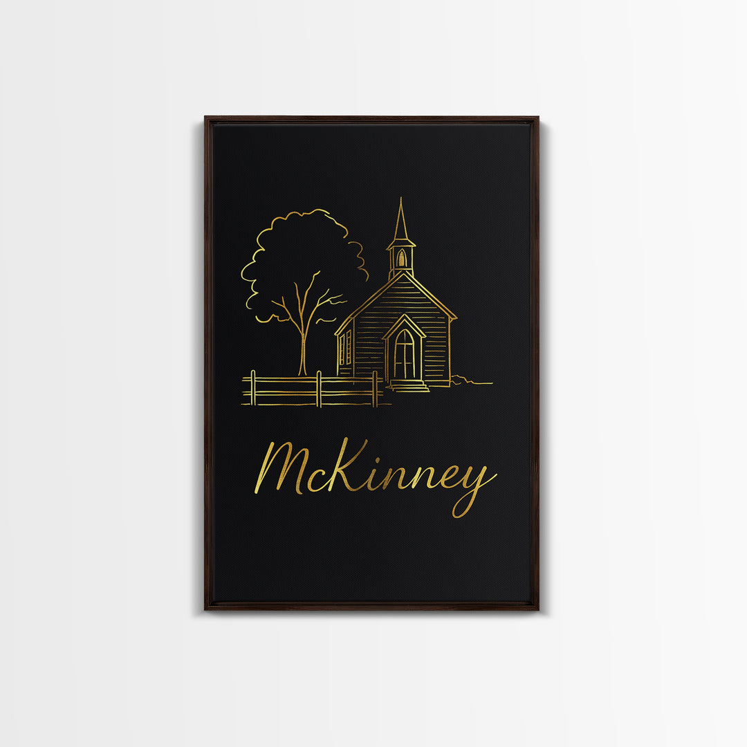 Mckinney Travel Poster, Framed Canvas Print, Minimalist Gold Line Art, Mckinney Poster Print, City Art Print, Travel Wall Decor