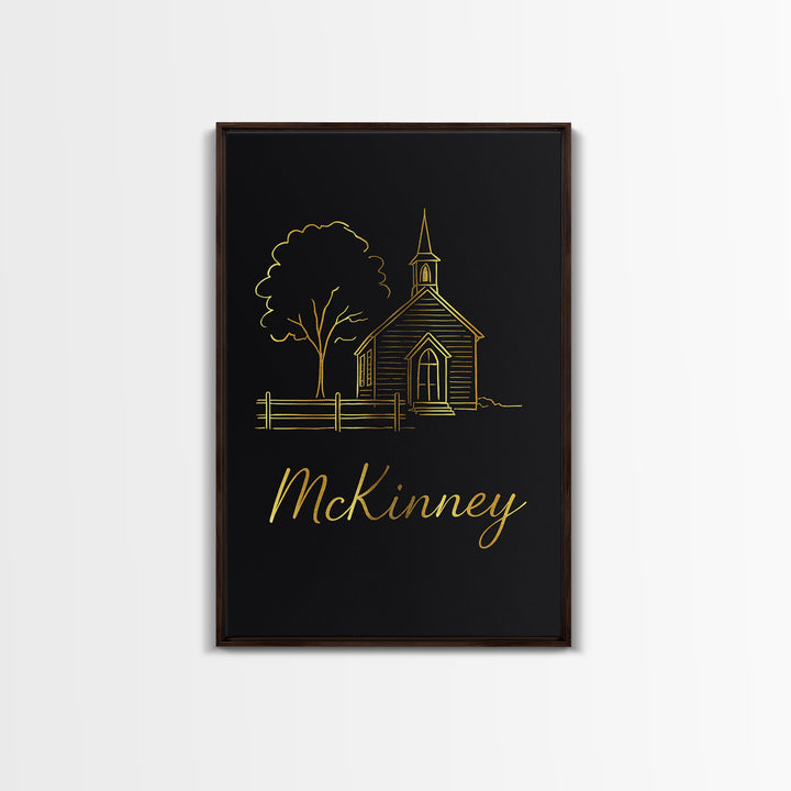 Mckinney Travel Poster, Framed Canvas Print, Minimalist Gold Line Art, Mckinney Poster Print, City Art Print, Travel Wall Decor