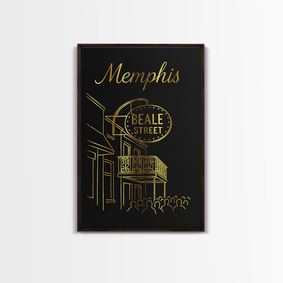 Memphis Tennessee Travel Poster, Framed Canvas Print, Gold Outline Poster Art, Memphis City Art, Vintage Travel Print, Travel Poster Art