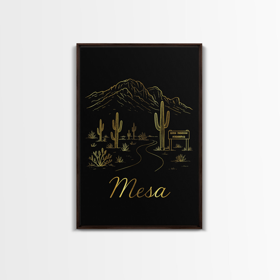 Mesa Arizona Travel Poster, Canvas Print, Gold Outline Poster Art, Mesa Poster Print, Wanderlust Decor, City Art Print, Retro Travel Print