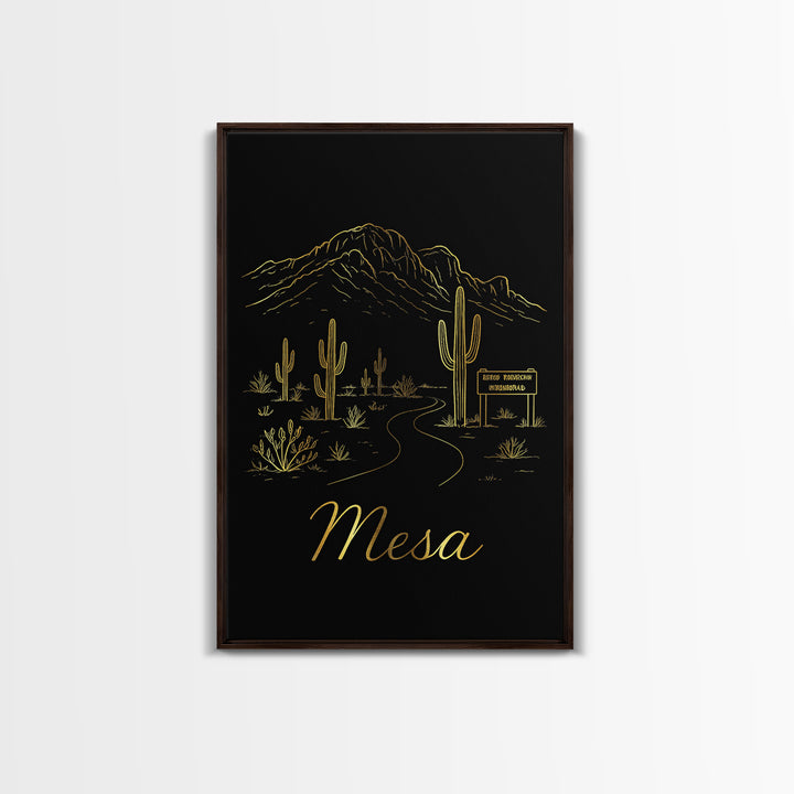 Mesa Arizona Travel Poster, Canvas Print, Gold Outline Poster Art, Mesa Poster Print, Wanderlust Decor, City Art Print, Retro Travel Print