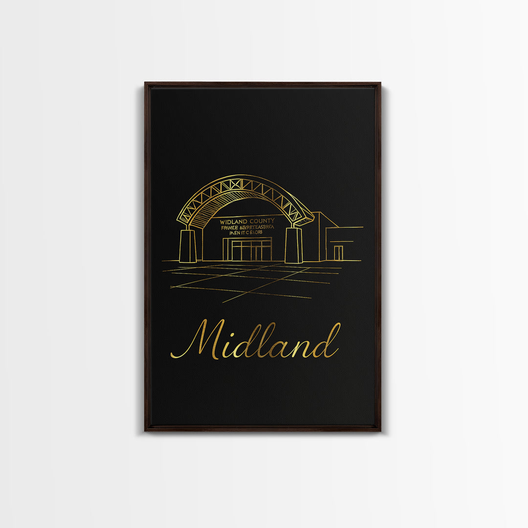 Midland Texas Travel Poster, Framed Canvas Print, Black Gold Minimalist Art, Midland City Art, City Travel Prints, Travel Wall Art, Wall Art