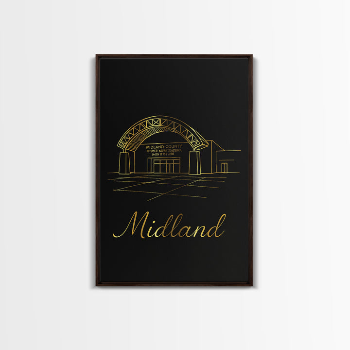 Midland Texas Travel Poster, Framed Canvas Print, Black Gold Minimalist Art, Midland City Art, City Travel Prints, Travel Wall Art, Wall Art