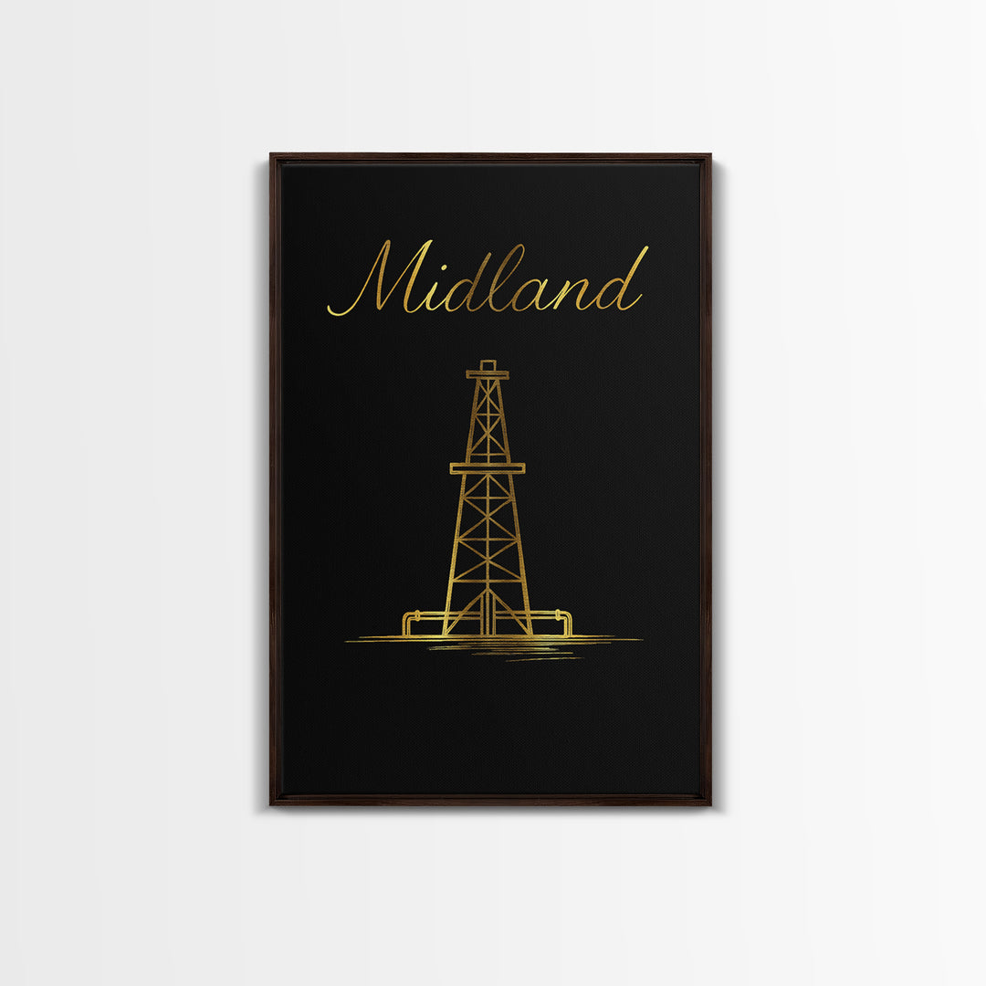 Midland Travel Poster, Framed Canvas Print, Minimalist Gold Line Art, Midland Art Print, Vintage Travel Print, Vintage Travel Art