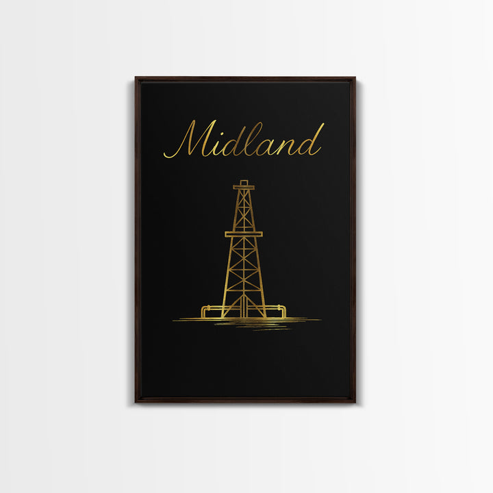 Midland Travel Poster, Framed Canvas Print, Minimalist Gold Line Art, Midland Art Print, Vintage Travel Print, Vintage Travel Art