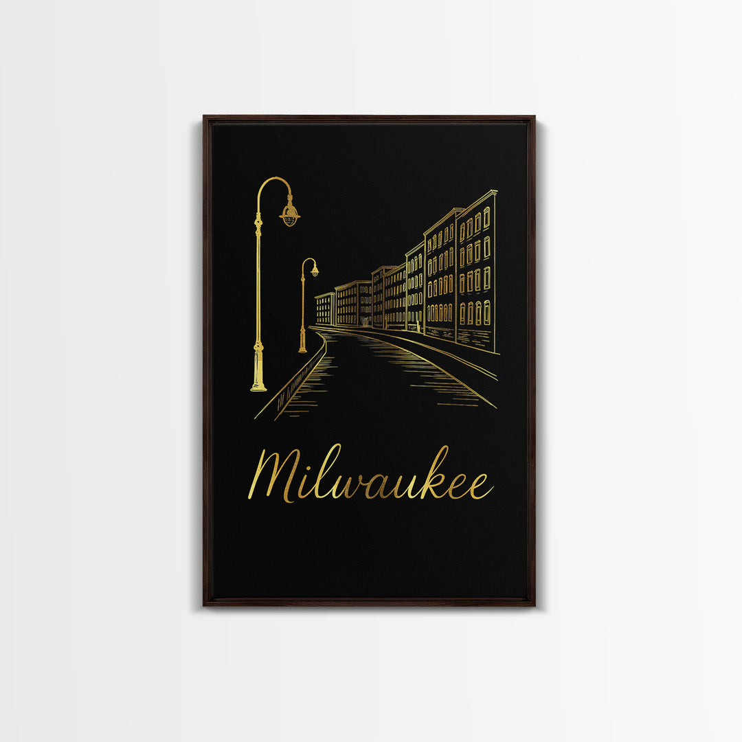 Milwaukee Travel Poster, Framed Canvas Print, Gold Outline Poster Art, Milwaukee Wall Art, Travel Poster Set, Eclectic Wall Decor
