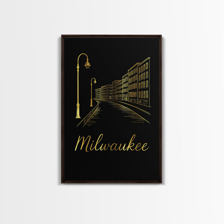 Milwaukee Travel Poster, Framed Canvas Print, Gold Outline Poster Art, Milwaukee Wall Art, Travel Poster Set, Eclectic Wall Decor