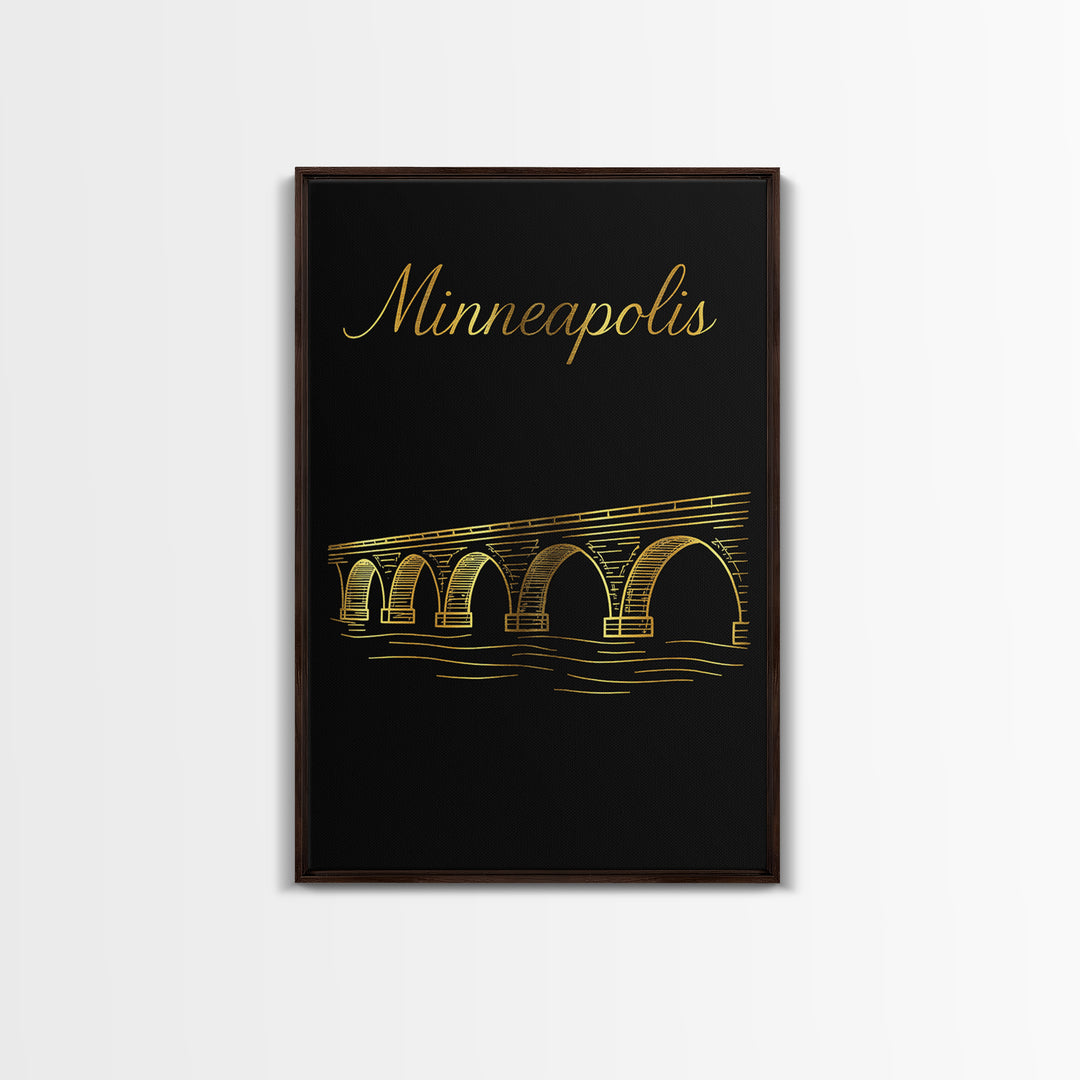 Minneapolis Travel Poster, Framed Canvas Print, Black Gold Minimalist Art, Minneapolis Travel Art, Gift For Travelers, Home Office Decor