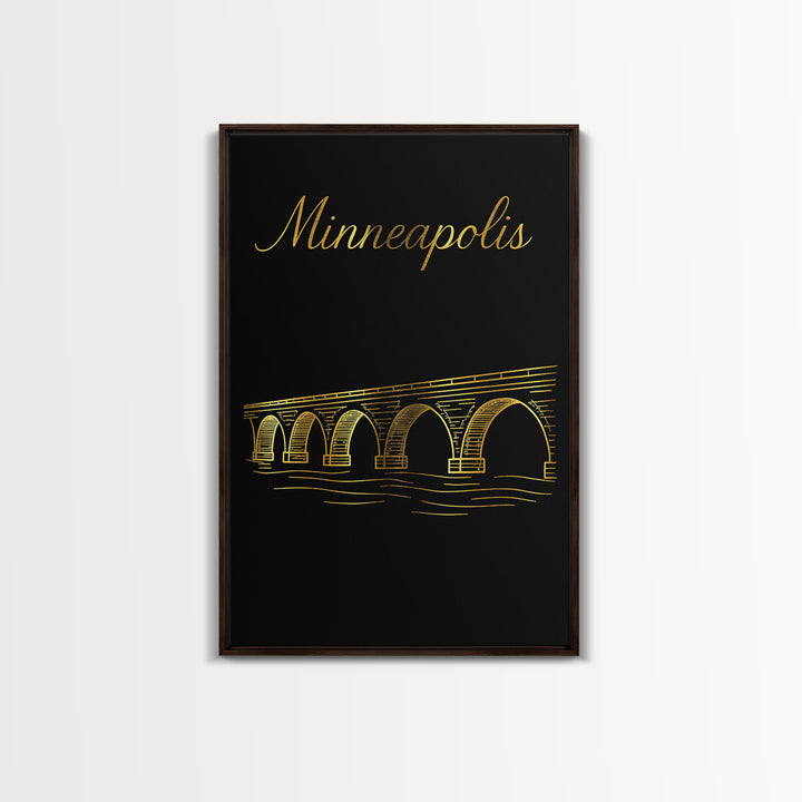 Minneapolis Travel Poster, Framed Canvas Print, Black Gold Minimalist Art, Minneapolis Travel Art, Gift For Travelers, Home Office Decor