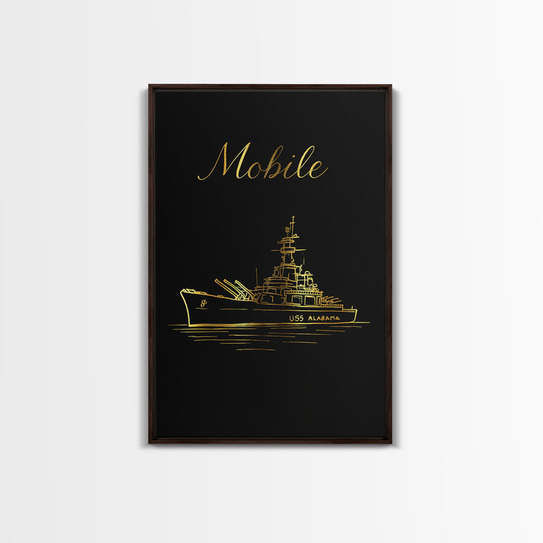 Mobile Alabama Travel Poster, Framed Canvas Print, Minimalist Gold Line Art, Mobile Poster Print, Vintage City Art, Living Room Wall Art