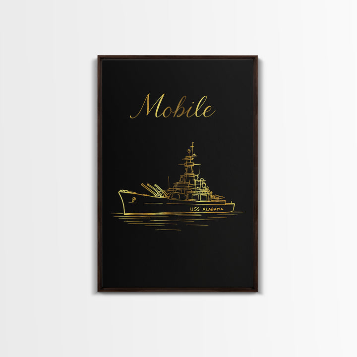 Mobile Alabama Travel Poster, Framed Canvas Print, Minimalist Gold Line Art, Mobile Poster Print, Vintage City Art, Living Room Wall Art