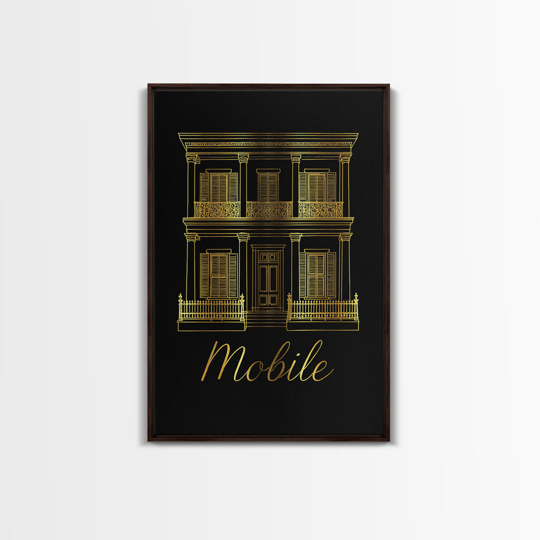 Mobile Travel Poster, Framed Canvas Print, Minimalist Gold Line Art, Mobile Wall Art, Living Room Wall Art, Vintage City Poster