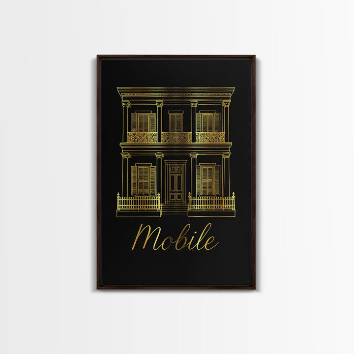 Mobile Travel Poster, Framed Canvas Print, Minimalist Gold Line Art, Mobile Wall Art, Living Room Wall Art, Vintage City Poster