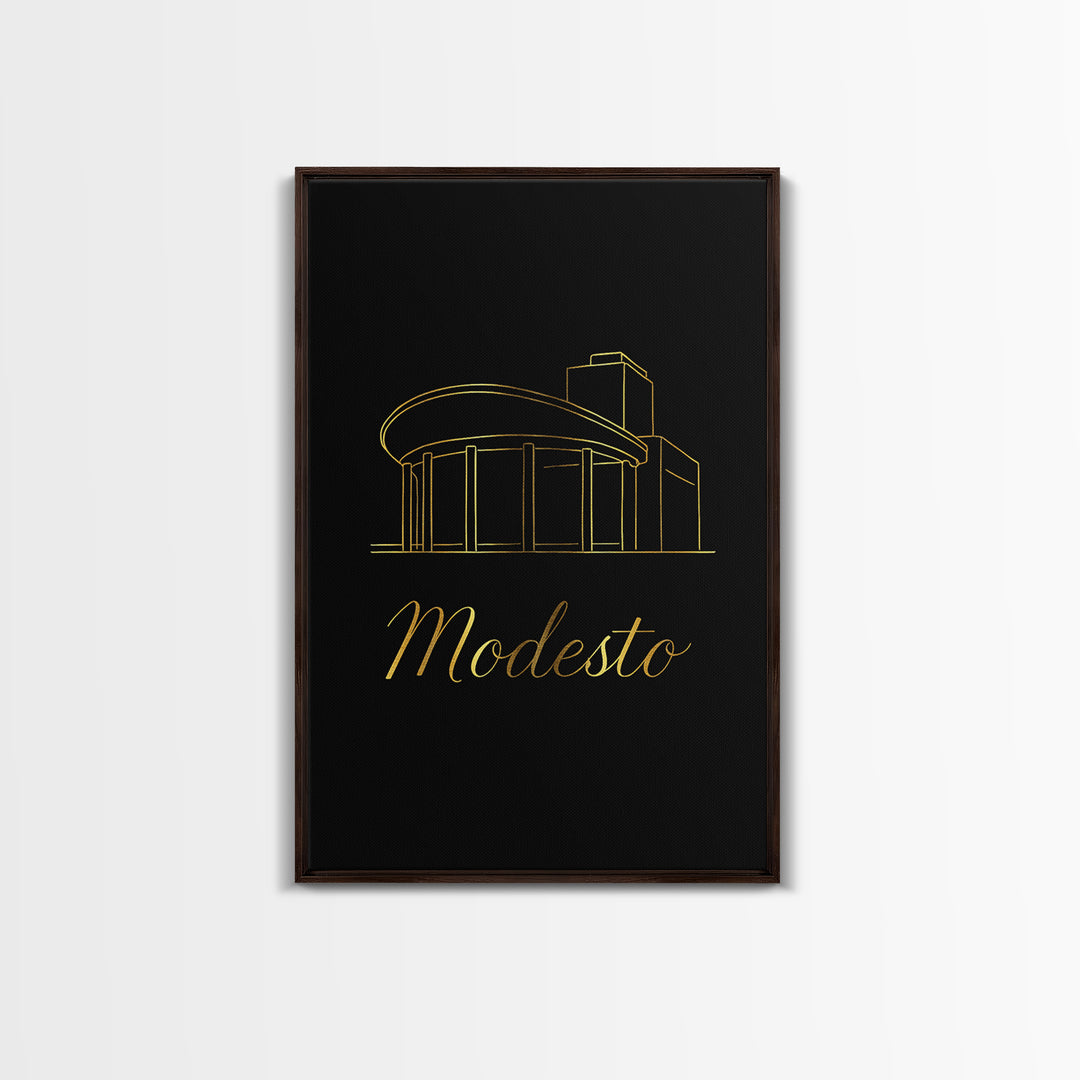 Modesto California Travel Poster, Framed Canvas Print, Minimalist Gold Line Art, Modesto Poster Print, Travel Poster Art, Gift For Travelers