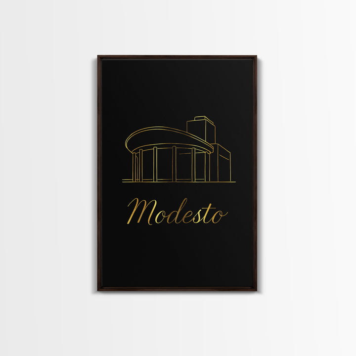 Modesto California Travel Poster, Framed Canvas Print, Minimalist Gold Line Art, Modesto Poster Print, Travel Poster Art, Gift For Travelers