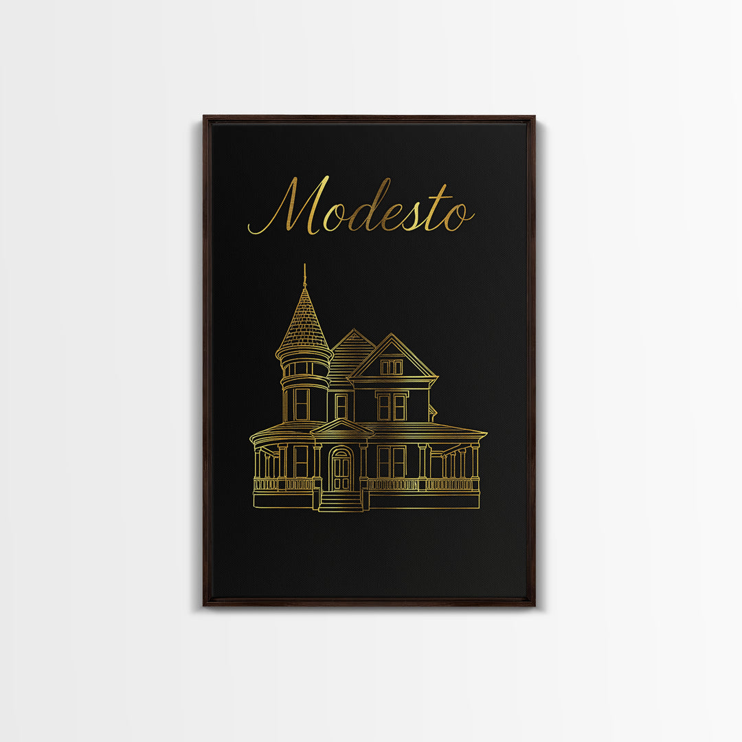 Modesto Travel Poster, Canvas Print, Black Gold Minimalist Art, Modesto Art Print, Travel Poster Art, City Art Print, Vintage City Art