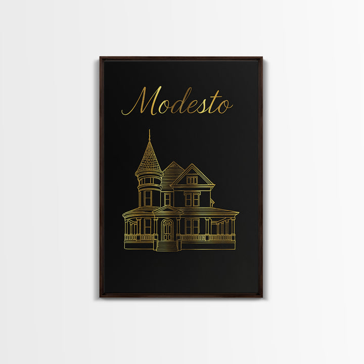 Modesto Travel Poster, Canvas Print, Black Gold Minimalist Art, Modesto Art Print, Travel Poster Art, City Art Print, Vintage City Art