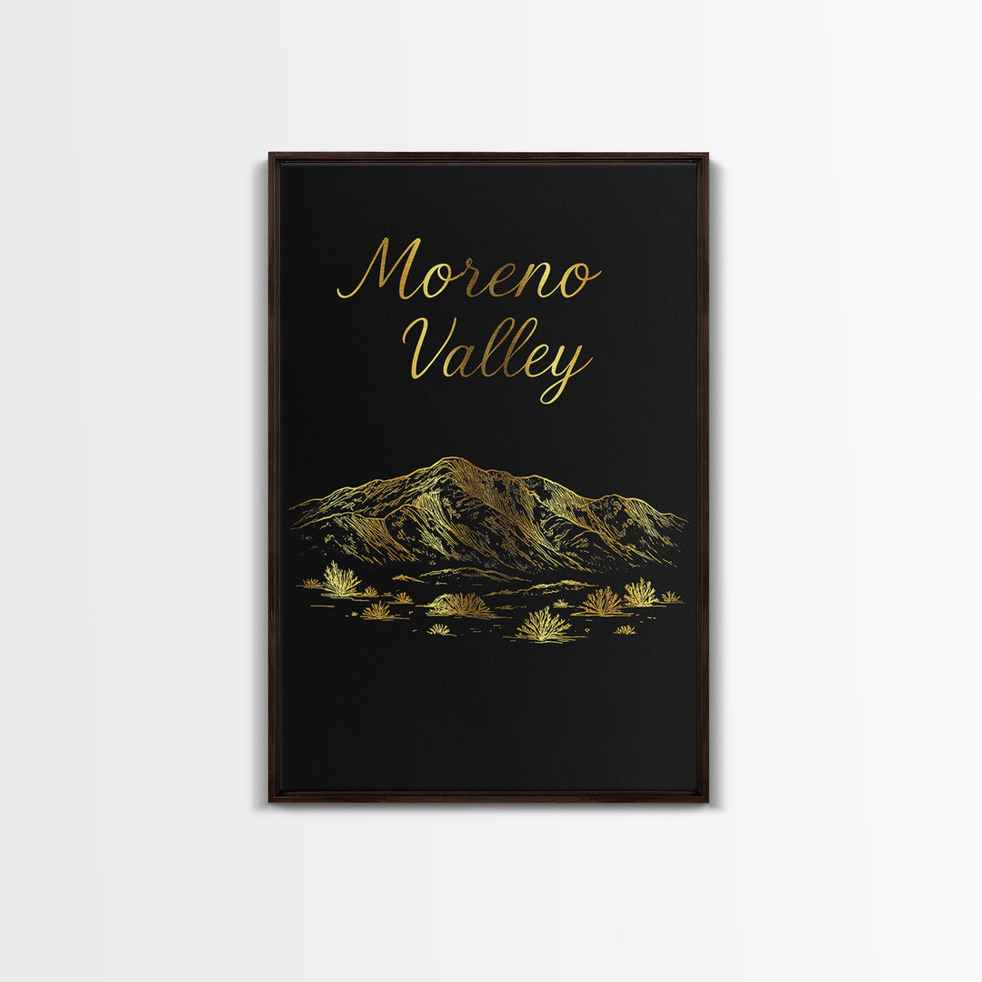 Moreno Valley Travel Poster, Framed Canvas Print, Gold Outline Poster Art, Moreno Valley Travel Art, Modern Wall Decor, City Illustration