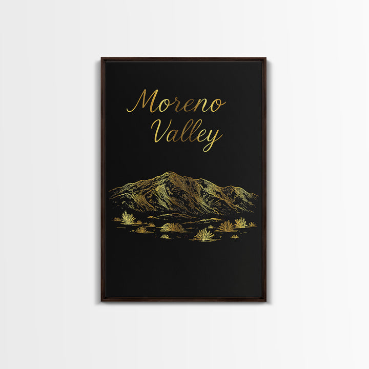 Moreno Valley Travel Poster, Framed Canvas Print, Gold Outline Poster Art, Moreno Valley Travel Art, Modern Wall Decor, City Illustration