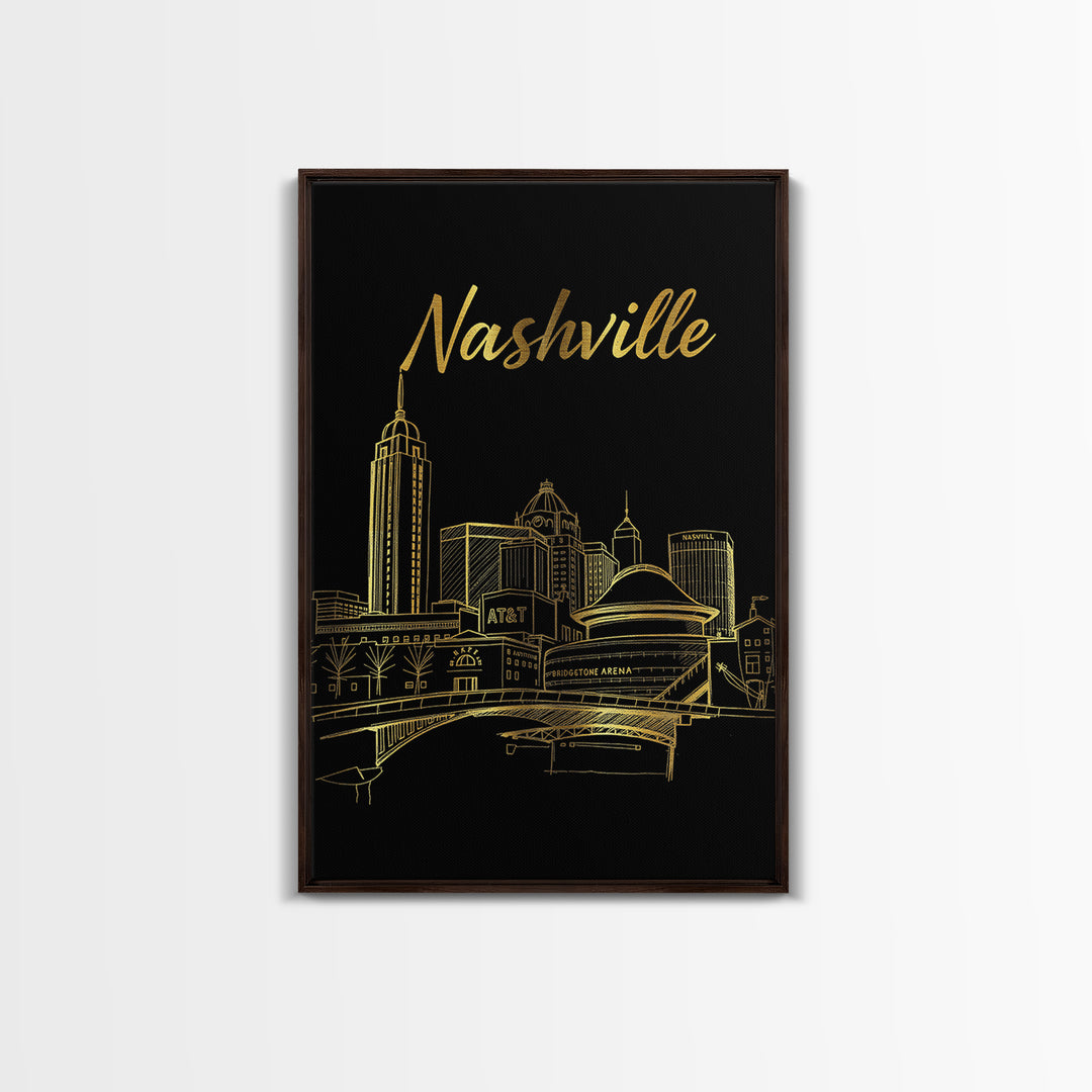 Nashville Tennessee Travel Poster, Canvas Print, Gold Outline Poster Art, Nashville Travel Art, City Art, Watercolor Downtown Skyline