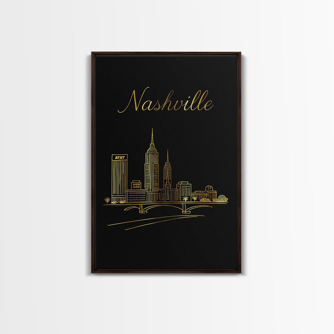 Nashville Travel Poster, Framed Canvas Print, Minimalist Gold Line Art, Nashville Travel Art, Travel Poster Art, Gift For Travelers