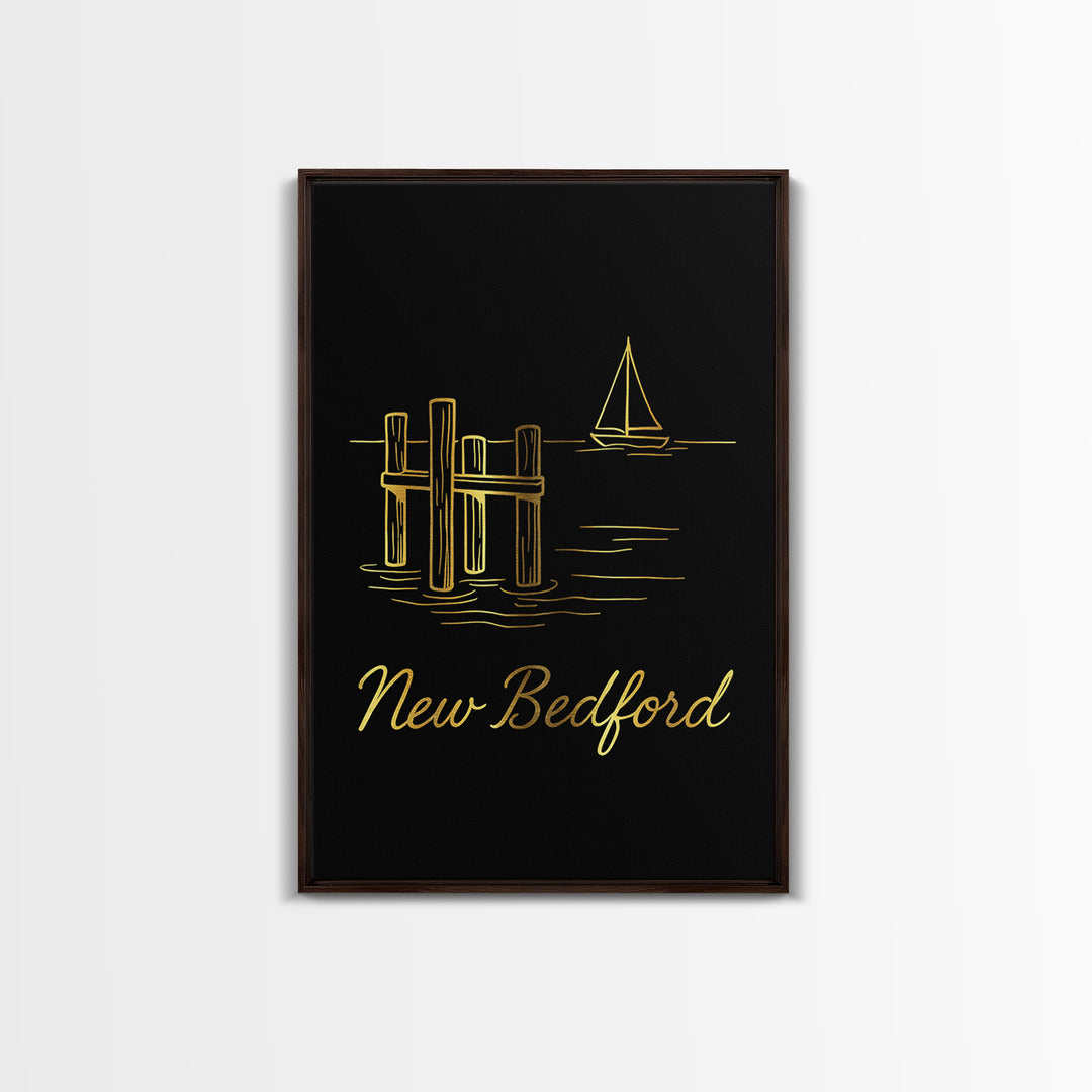 New Bedford Travel Poster, Canvas Print, Gold Outline Poster Art, New Bedford Travel Art, Travel Wall Decor, Home Office Decor