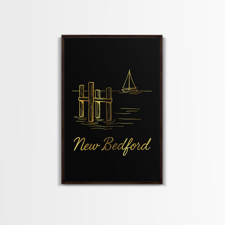 New Bedford Travel Poster, Canvas Print, Gold Outline Poster Art, New Bedford Travel Art, Travel Wall Decor, Home Office Decor