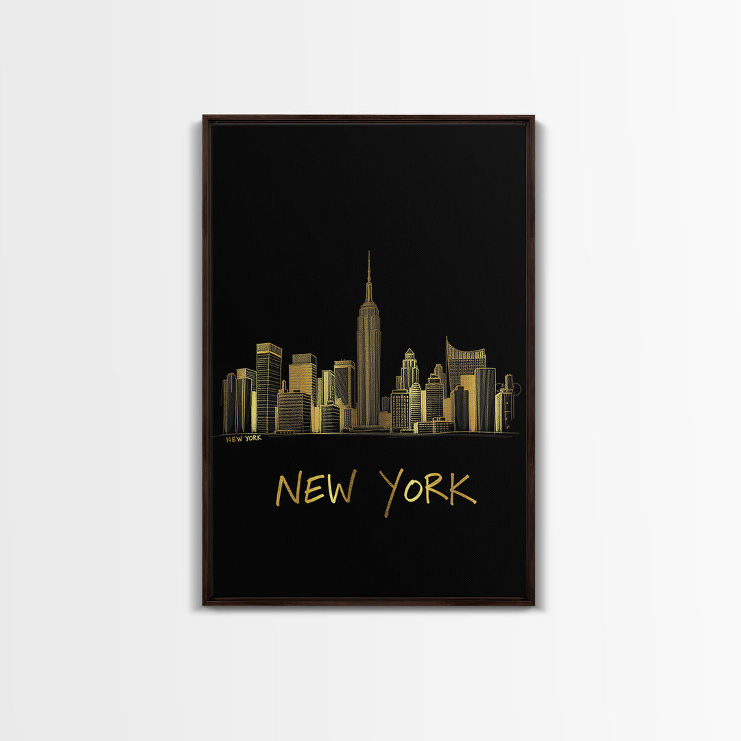 New York Travel Poster, Canvas Print, Minimalist Gold Line Art, New York Wall Art, Living Room Wall Art, Eclectic Wall Decor, Wall Art