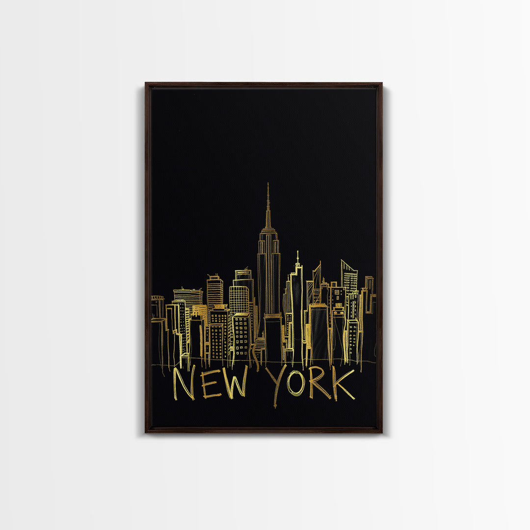 New York Travel Poster, Framed Canvas Print, Black Gold Minimalist Art, New York City Art, Wanderlust Decor, Mid Century Wall Art