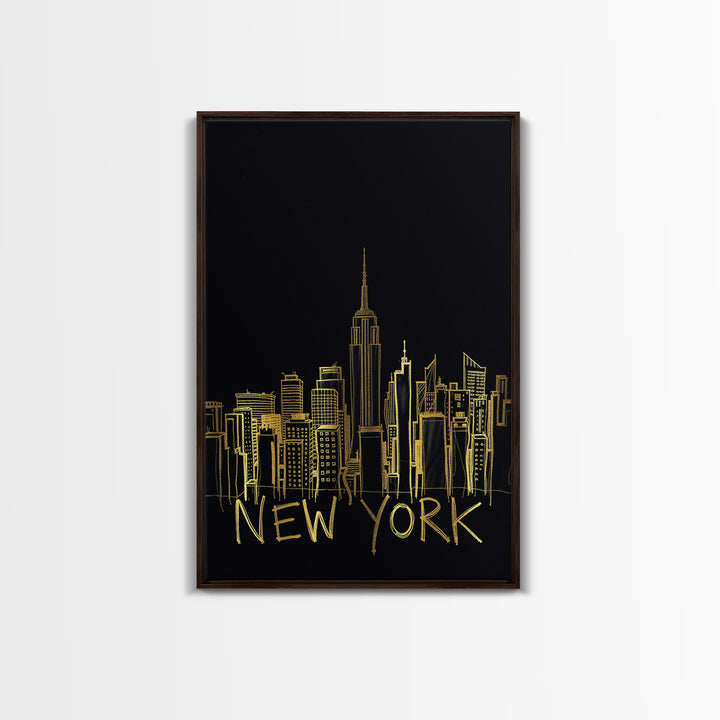 New York Travel Poster, Framed Canvas Print, Black Gold Minimalist Art, New York City Art, Wanderlust Decor, Mid Century Wall Art