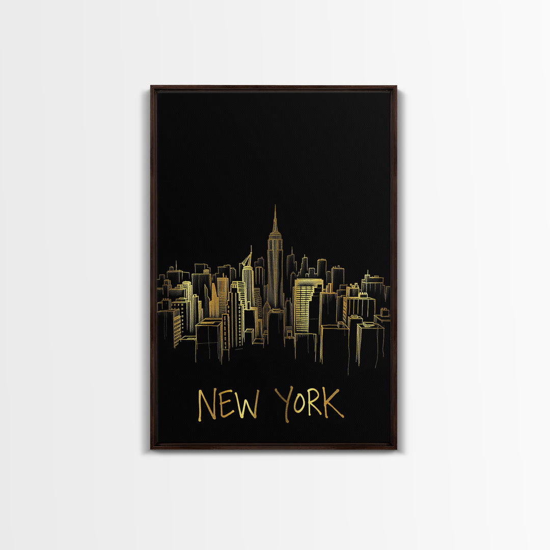 New York Travel Poster, Canvas Print, Gold Outline Poster Art, New York Art Print, Travel Art Print, City Travel Prints, Travel Poster Set
