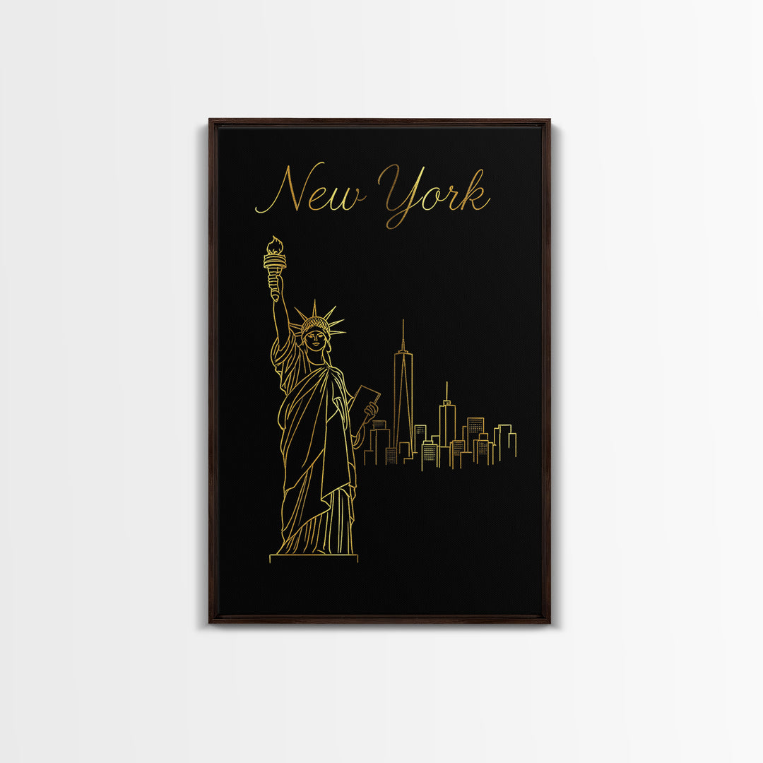 New York Travel Poster, Framed Canvas Print, Minimalist Gold Line Art, New York Art Print, Home Office Decor, Mid Century Wall Art