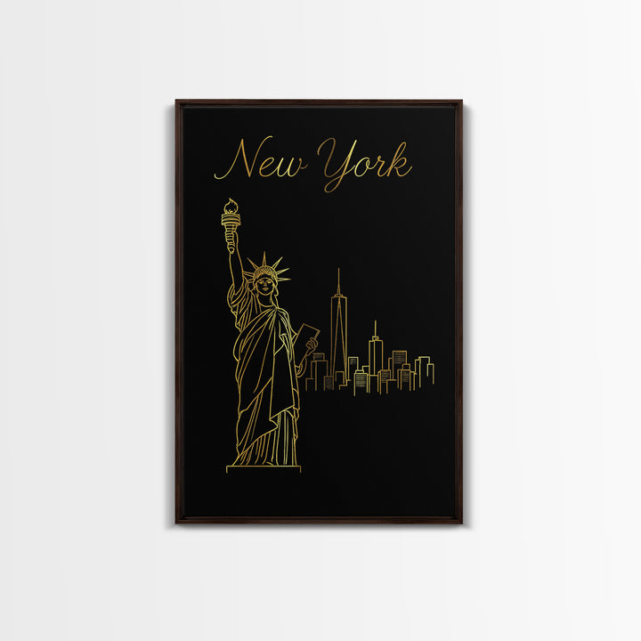 New York Travel Poster, Framed Canvas Print, Minimalist Gold Line Art, New York Art Print, Home Office Decor, Mid Century Wall Art