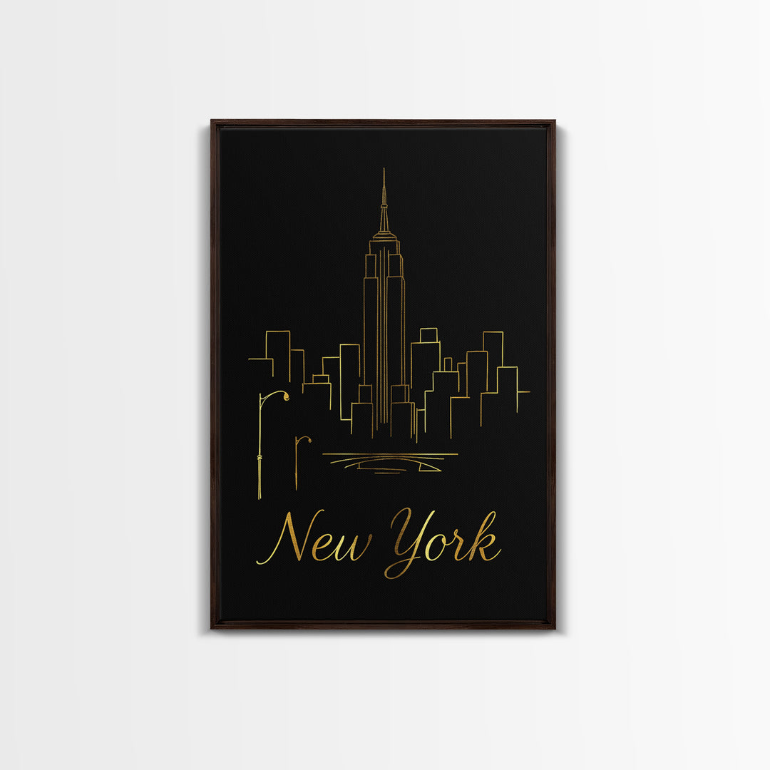 New York Travel Poster, Framed Canvas Print, Black Gold Minimalist Art, New York Wall Art, Eclectic Wall Decor, Mid Century Wall Art