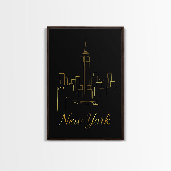New York Travel Poster, Framed Canvas Print, Black Gold Minimalist Art, New York Wall Art, Eclectic Wall Decor, Mid Century Wall Art