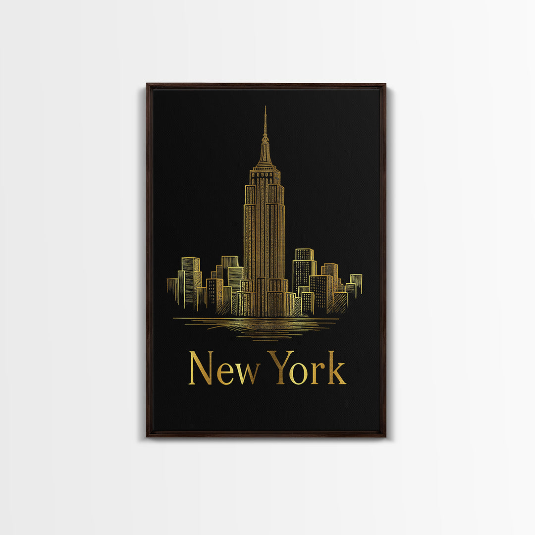 New York Travel Poster, Canvas Print, Gold Outline Poster Art, New York Art Print, Vintage City Poster, Vintage Travel Art, Retro Poster