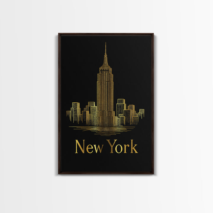 New York Travel Poster, Canvas Print, Gold Outline Poster Art, New York Art Print, Vintage City Poster, Vintage Travel Art, Retro Poster