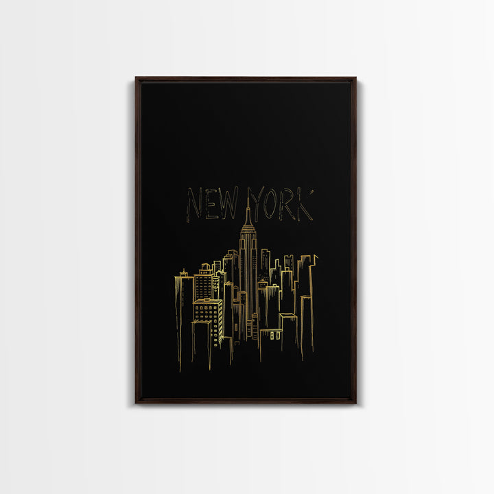 New York Travel Poster, Framed Canvas Print, Black Gold Minimalist Art, New York Poster Print, Travel Wall Art, Fine Art Print