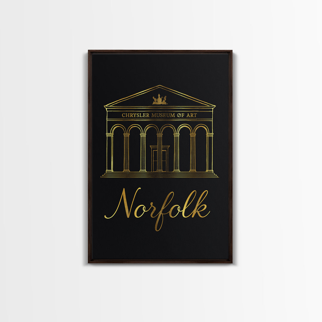 Norfolk Travel Poster, Framed Canvas Print, Gold Outline Poster Art, Norfolk City Art, Gift For Travelers, Travel Wall Art, Fine Art Print