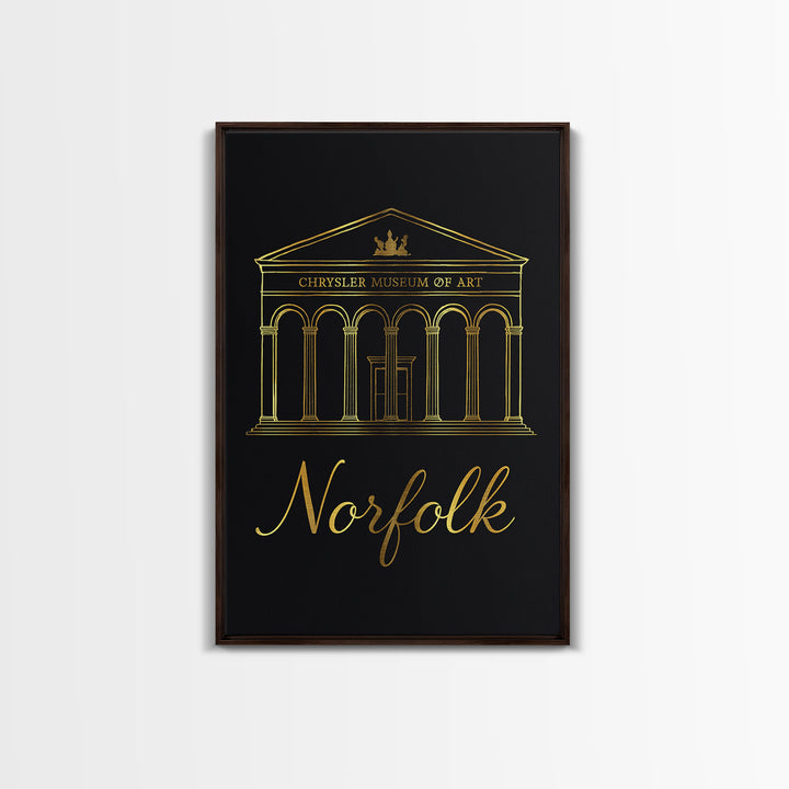Norfolk Travel Poster, Framed Canvas Print, Gold Outline Poster Art, Norfolk City Art, Gift For Travelers, Travel Wall Art, Fine Art Print