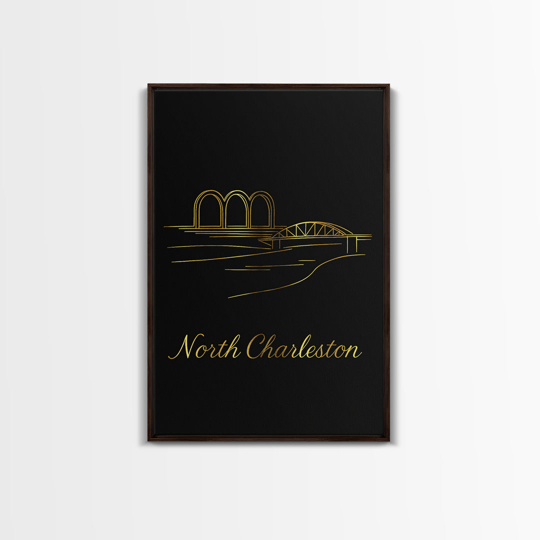 North Charleston Travel Poster, Canvas Print, Black Gold Minimalist Art, North Charleston City Art, Modern Wall Decor, City Art Print