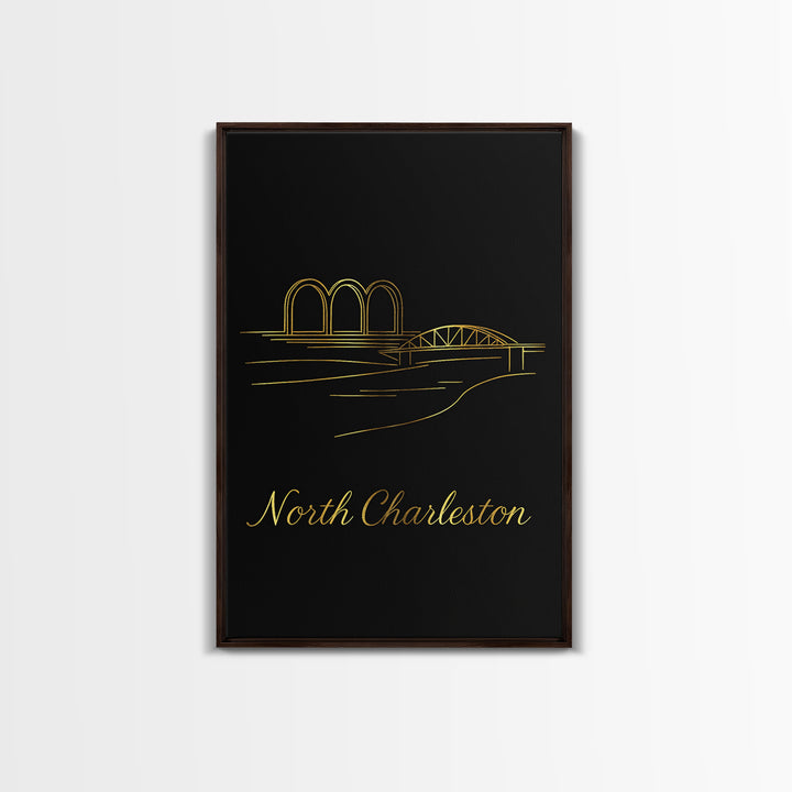 North Charleston Travel Poster, Canvas Print, Black Gold Minimalist Art, North Charleston City Art, Modern Wall Decor, City Art Print