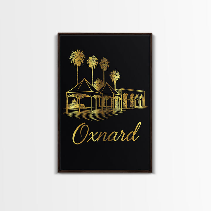 Oxnard California Travel Poster, Framed Canvas Print, Minimalist Gold Line Art, Oxnard Art Print, City Travel Prints, Eclectic Wall Decor