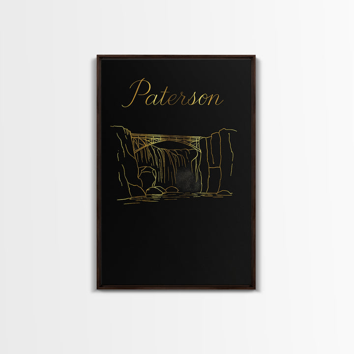Paterson Travel Poster, Canvas Print, Gold Outline Poster Art, Paterson Wall Art, Vintage Travel Art, Travel Art Print, City Illustration