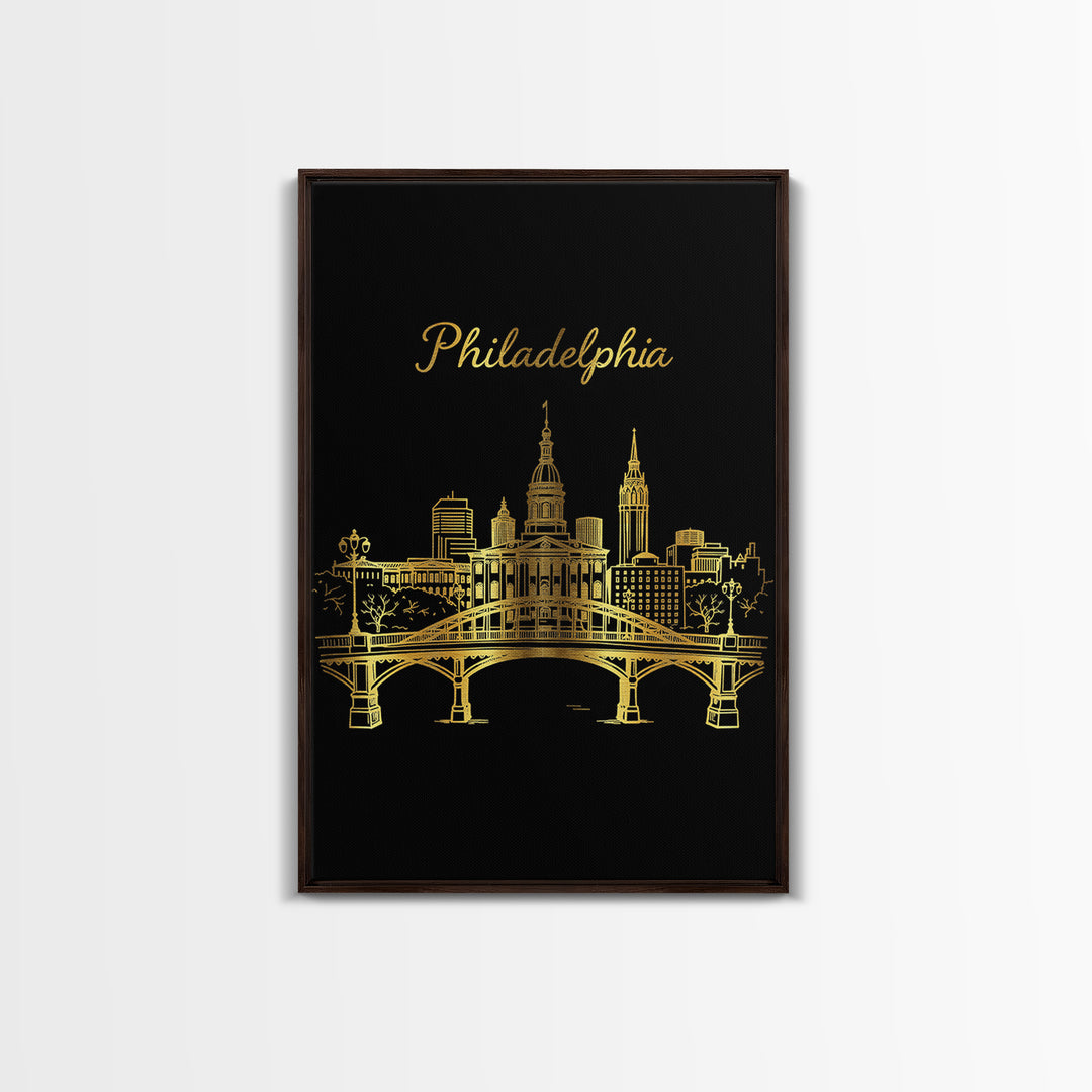 Philadelphia Pennsylvania Travel Poster, Canvas Print, Gold Outline Poster Art, Philadelphia Wall Art, Watercolor Skyline, City Illustration