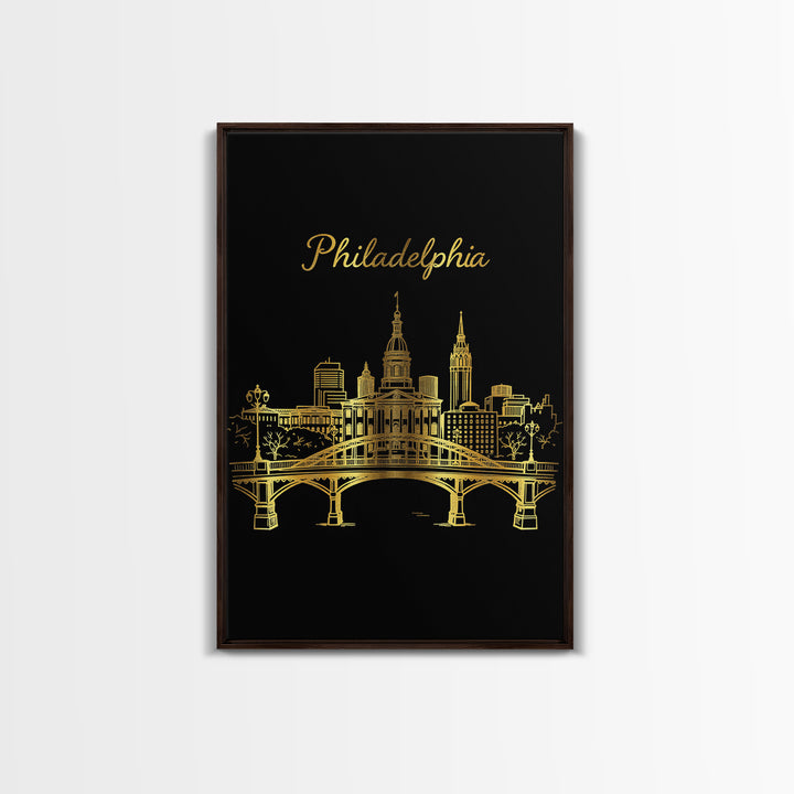 Philadelphia Pennsylvania Travel Poster, Canvas Print, Gold Outline Poster Art, Philadelphia Wall Art, Watercolor Skyline, City Illustration