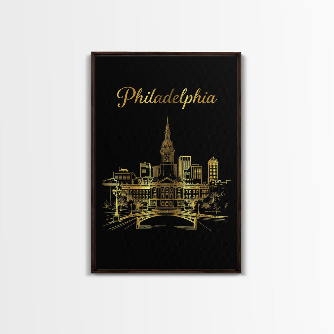 Philadelphia Travel Poster, Canvas Print, Gold Outline Poster Art, Philadelphia Poster Print, City Illustration, Home Office Decor