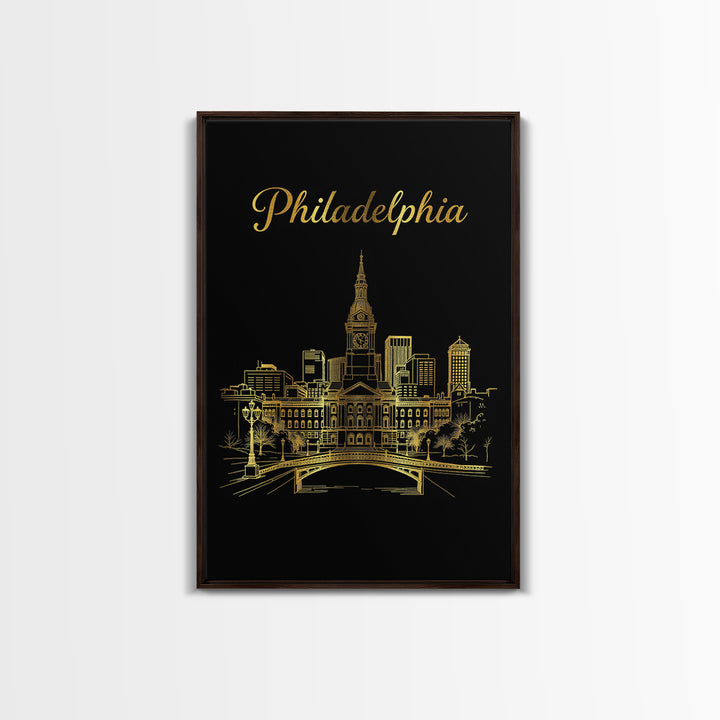 Philadelphia Travel Poster, Canvas Print, Gold Outline Poster Art, Philadelphia Poster Print, City Illustration, Home Office Decor