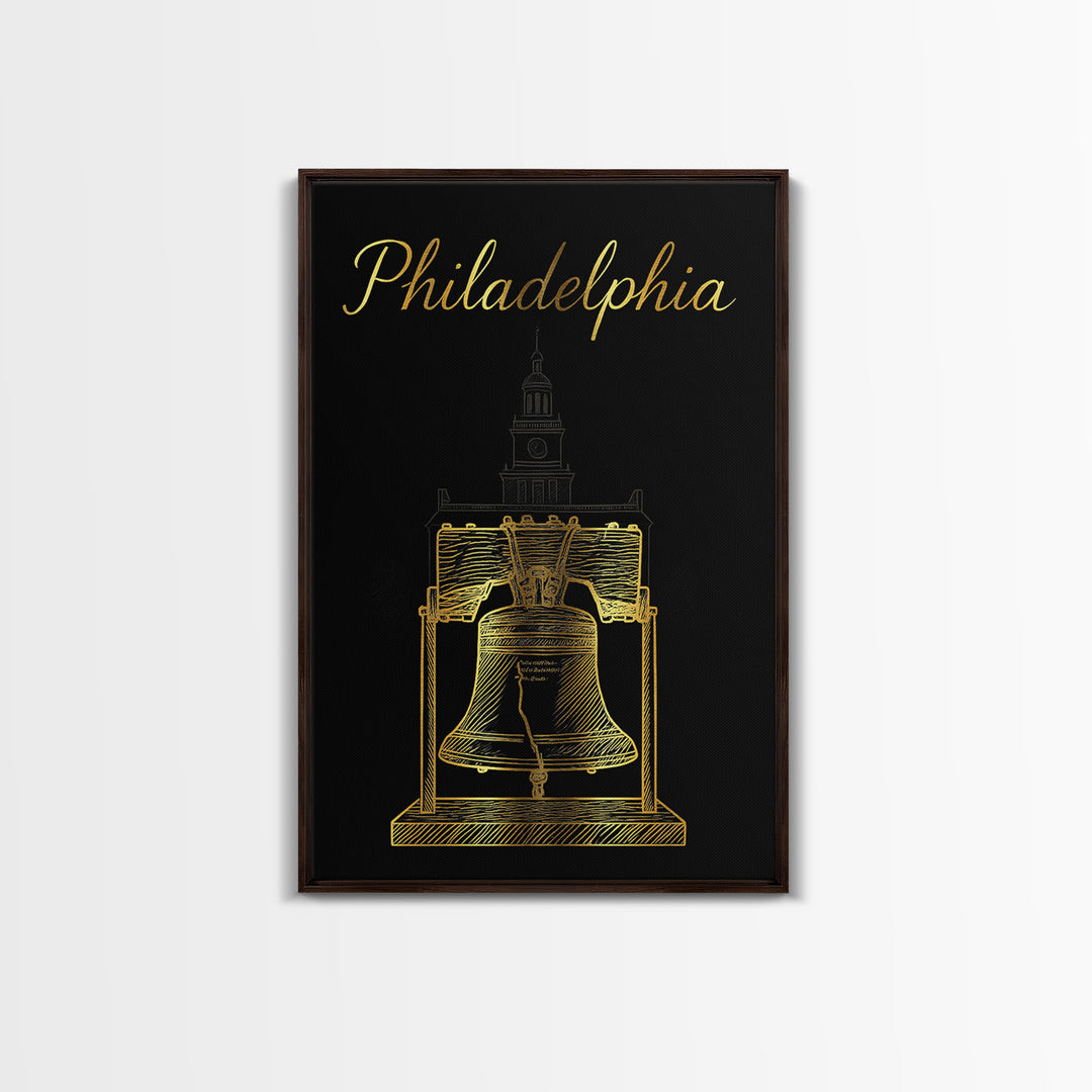 Philadelphia Travel Poster, Framed Canvas Print, Minimalist Gold Line Art, Philadelphia Travel Art, Living Room Wall Art, Home Office Decor